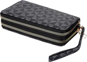 Triangle Pattern Wallet, Double Zipper Pockets, PU Leather Cellphone Purse Credit Card Cash Holder, Black and Gray Grid