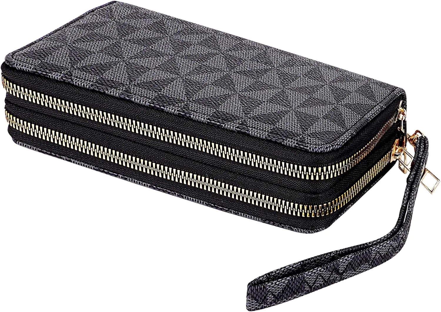 Triangle Pattern Wallet, Double Zipper Pockets, PU Leather Cellphone Purse Credit Card Cash Holder, Black and Gray Grid