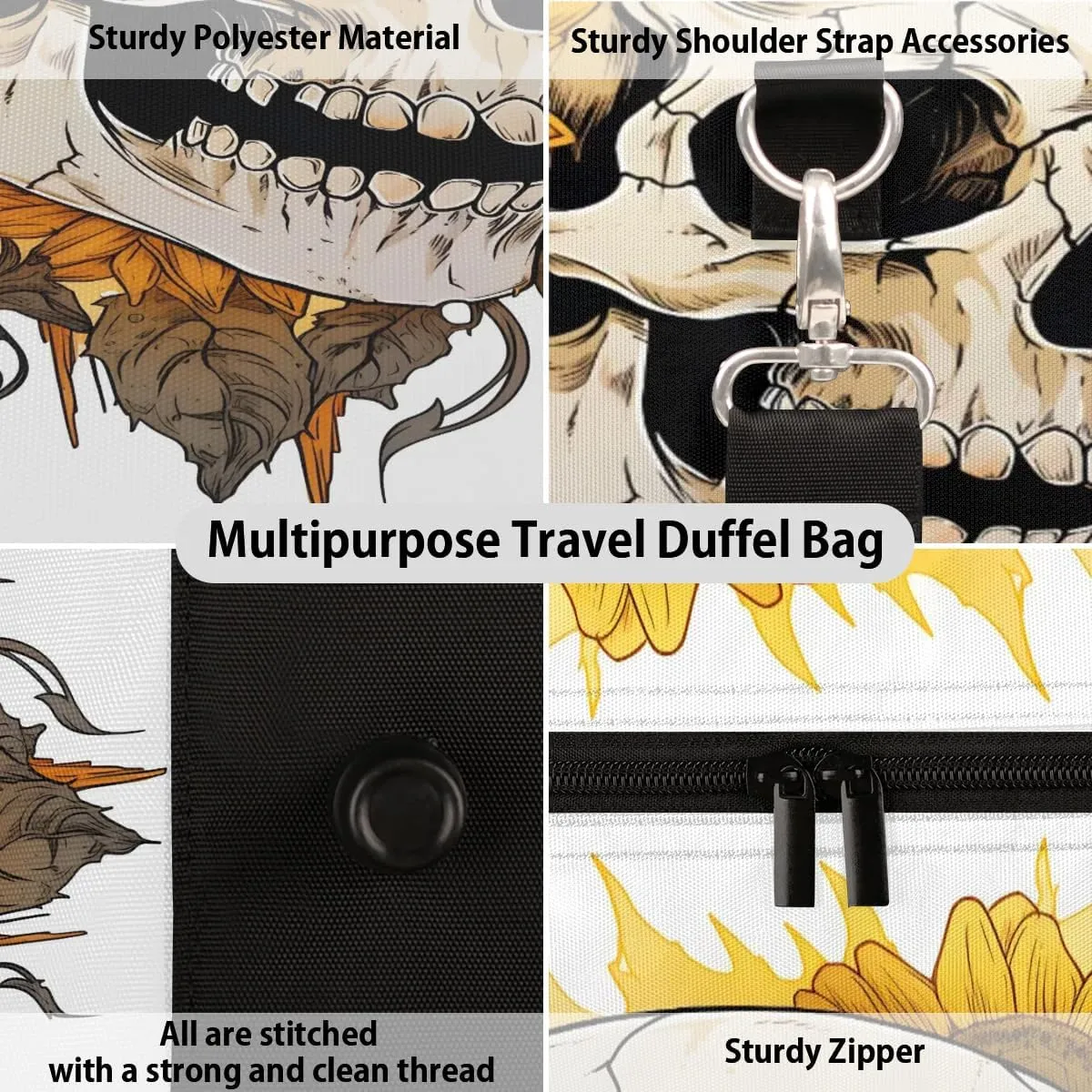 TropicalLife Sunflower Skull Travel Duffle Bag for Adult Women Men Sports Tote Gym Bag Waterproof Carry on Overnight Weekender Bag