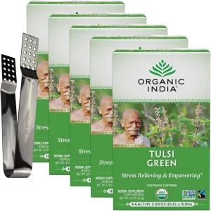 Tulsi Green Herbal Tea, 18 Infusion Bags, Bundled With Silver Ss Tea Bag Squeezer, Stress-Relieving Blend, Antioxidant-Rich, Supports Immune Health, Darjeeling Herbal Tea (Pack Of 5)