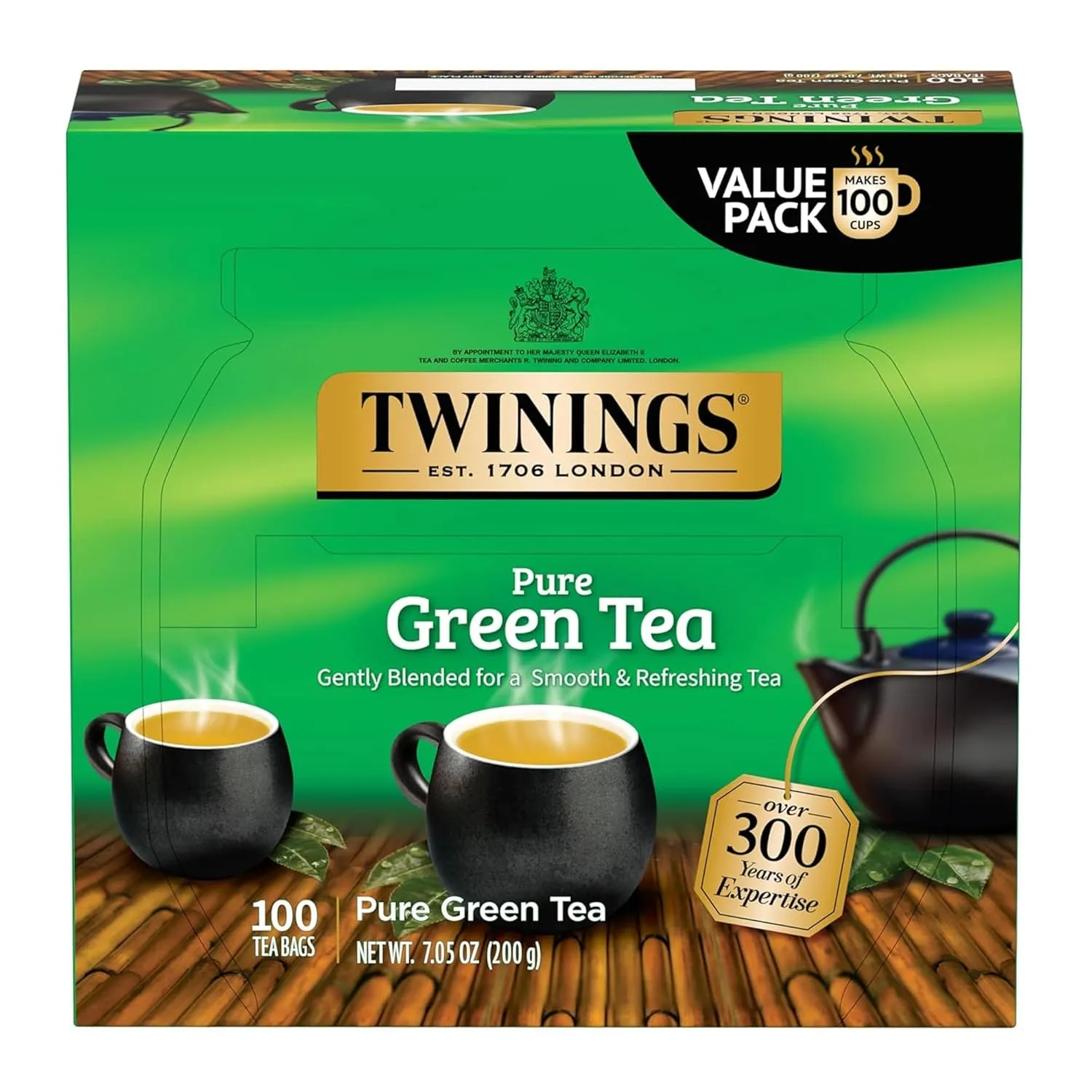 Twinings Pure Green Tea Individually Wrapped Bags, 100 Count (Pack of 1), Smooth & Refreshing, Caffeinated, Enjoy Hot or Iced