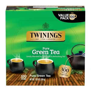 Twinings Pure Green Tea Individually Wrapped Bags, 100 Count (Pack of 1), Smooth & Refreshing, Caffeinated, Enjoy Hot or Iced