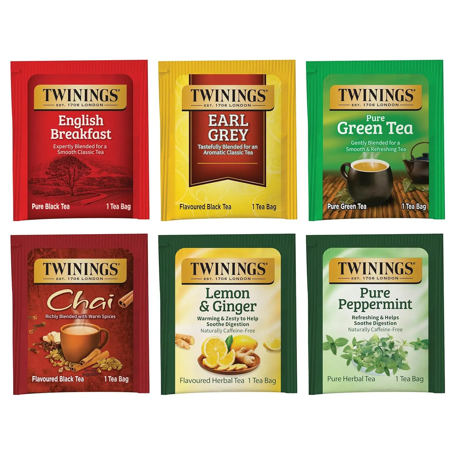 Twinings Variety Pack Tea Bags, Includes English Breakfast, Earl Grey, Lemon Ginger, Peppermint, Green, and Chai, 25 Count (Pack of 6), Enjoy Hot or Iced | Packaging May Vary