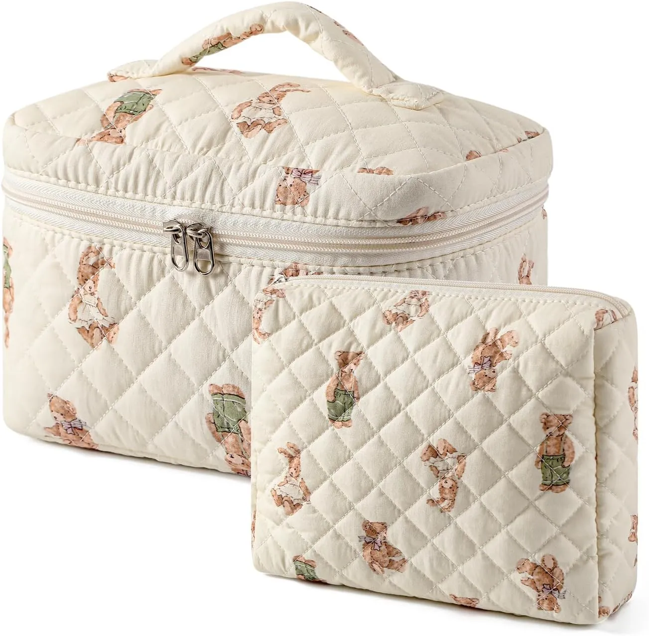 uekeboag 2 pcs Large Floral Quilted Makeup Bag Set for Women, Cotton Quilted Big Cosmetic Bag, Coquette Aesthetic Cute Travel Toiletry Bag
