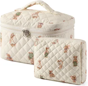 uekeboag 2 pcs Large Floral Quilted Makeup Bag Set for Women, Cotton Quilted Big Cosmetic Bag, Coquette Aesthetic Cute Travel Toiletry Bag
