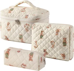 uekeboag 2 pcs Large Floral Quilted Makeup Bag Set for Women, Cotton Quilted Big Cosmetic Bag, Coquette Aesthetic Cute Travel Toiletry Bag