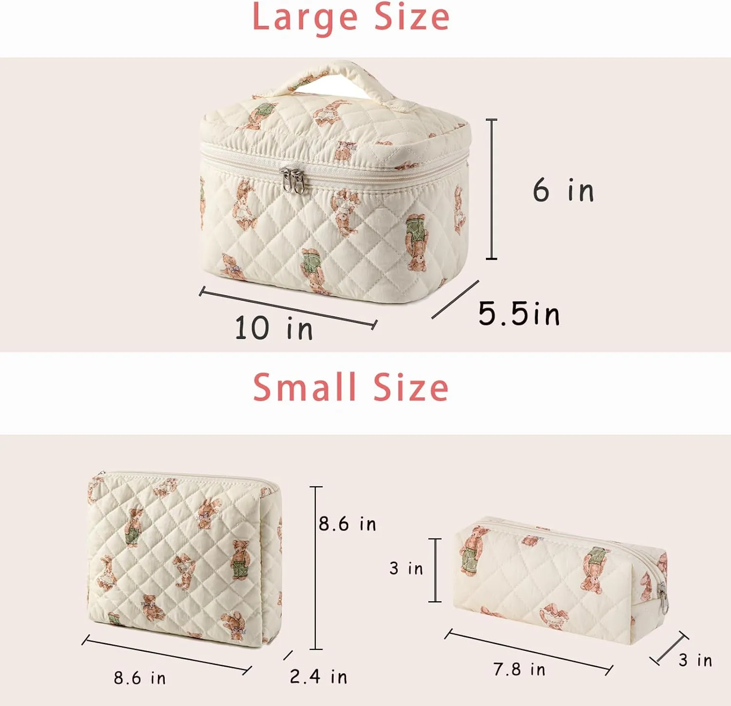 uekeboag 2 pcs Large Floral Quilted Makeup Bag Set for Women, Cotton Quilted Big Cosmetic Bag, Coquette Aesthetic Cute Travel Toiletry Bag