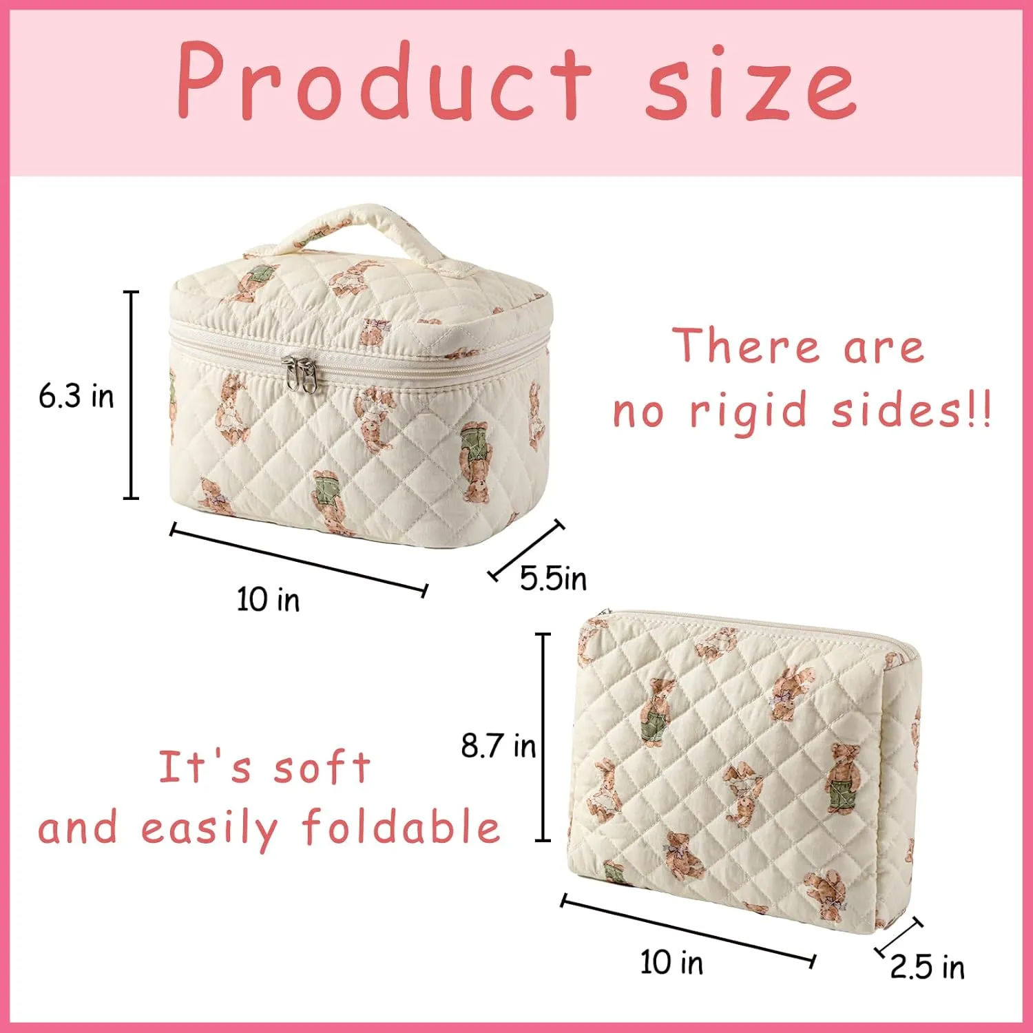 uekeboag 2 pcs Large Floral Quilted Makeup Bag Set for Women, Cotton Quilted Big Cosmetic Bag, Coquette Aesthetic Cute Travel Toiletry Bag