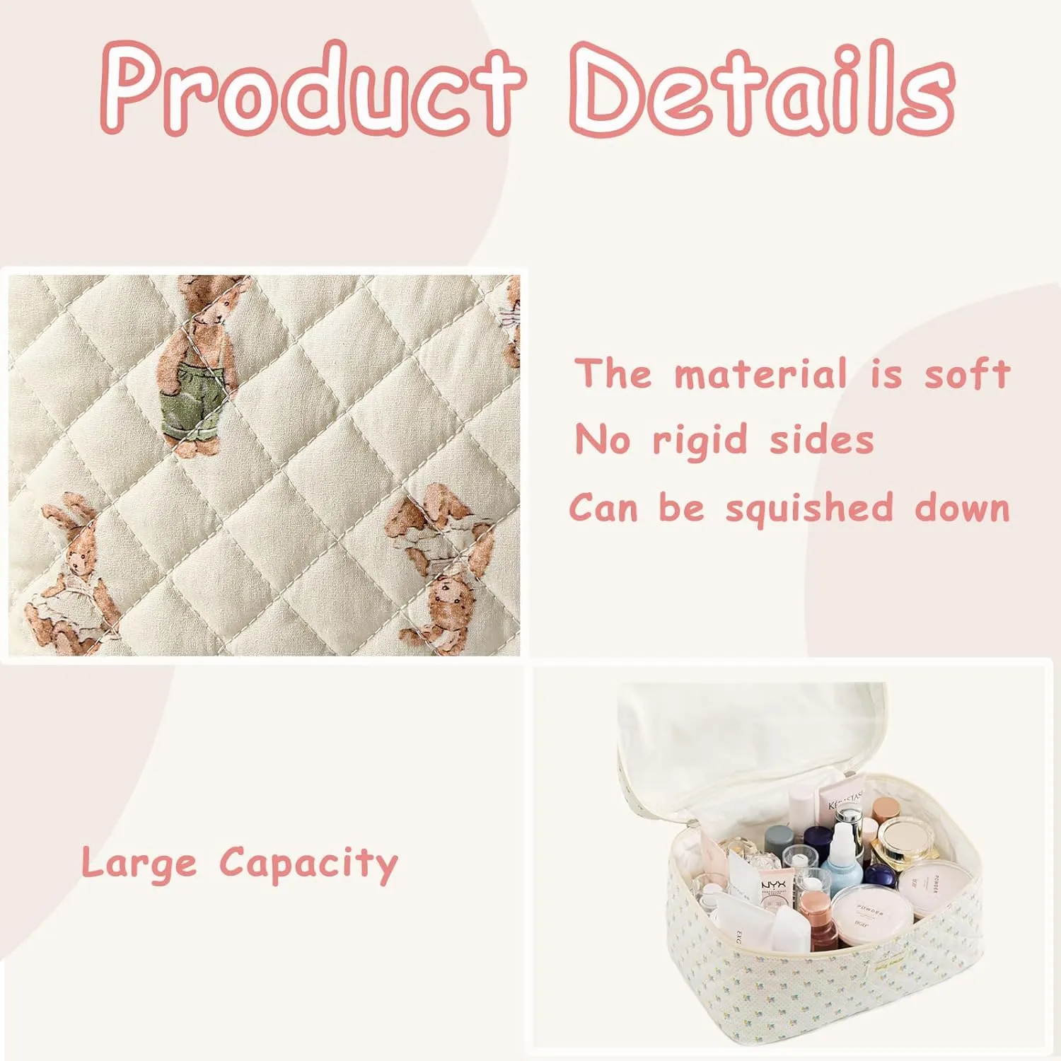 uekeboag 2 pcs Large Floral Quilted Makeup Bag Set for Women, Cotton Quilted Big Cosmetic Bag, Coquette Aesthetic Cute Travel Toiletry Bag