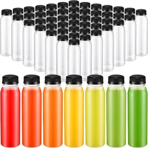 Uiifan 48 Pcs 10 oz Plastic Juice Bottles Bulk 300 ml Clear Empty Beverage Bottles with Lids Reusable Water Bottles with 48 Pcs Tamper Evident Caps Lids for Drinking Milk Coffee (Shape 2)