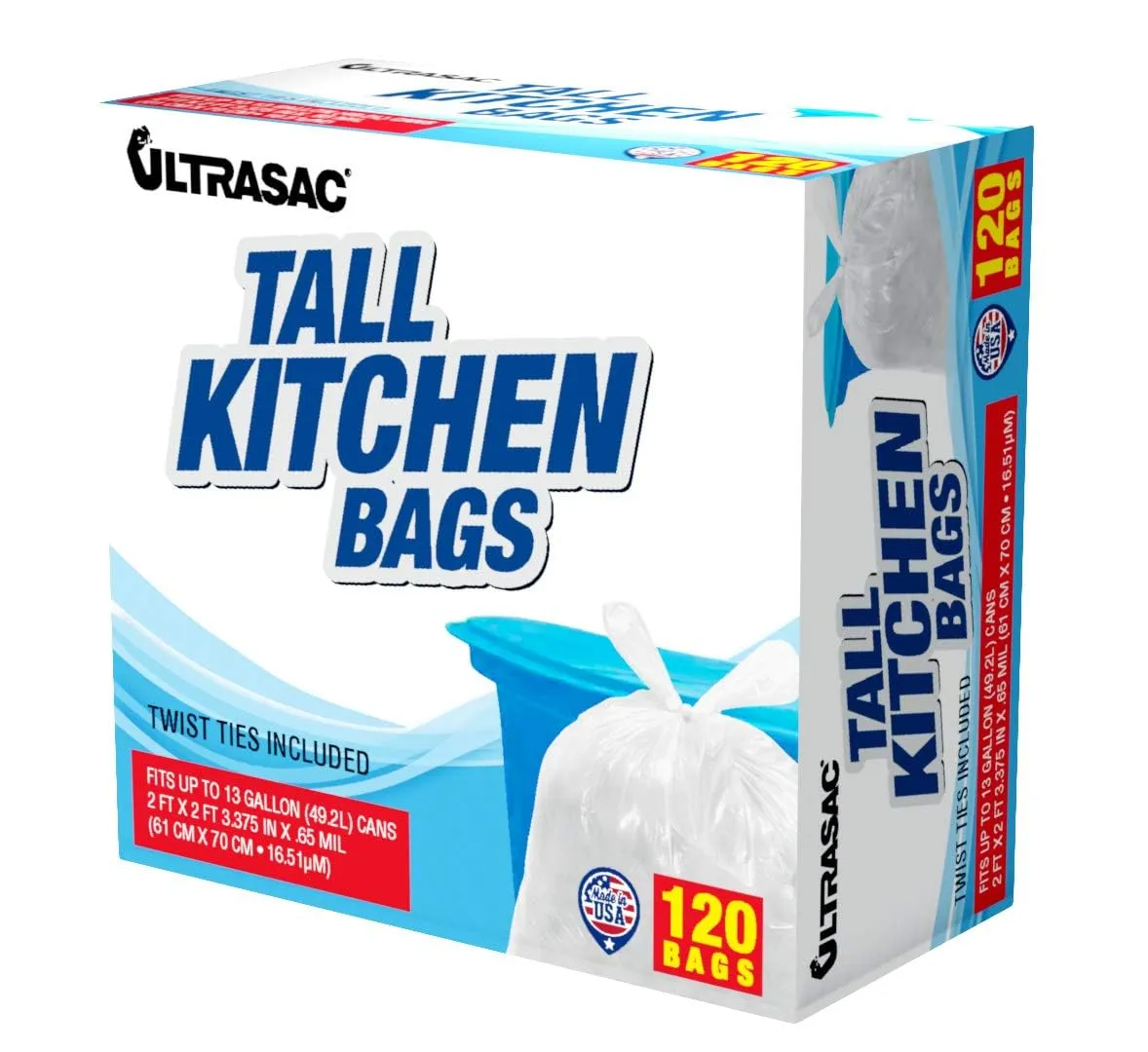 Ultrasac 13 Gallon 0.6 MIL Tall Kitchen Bags With Twist Ties - 24" x 27" - Pack of 120 - For Home, Kitchen, Office, White