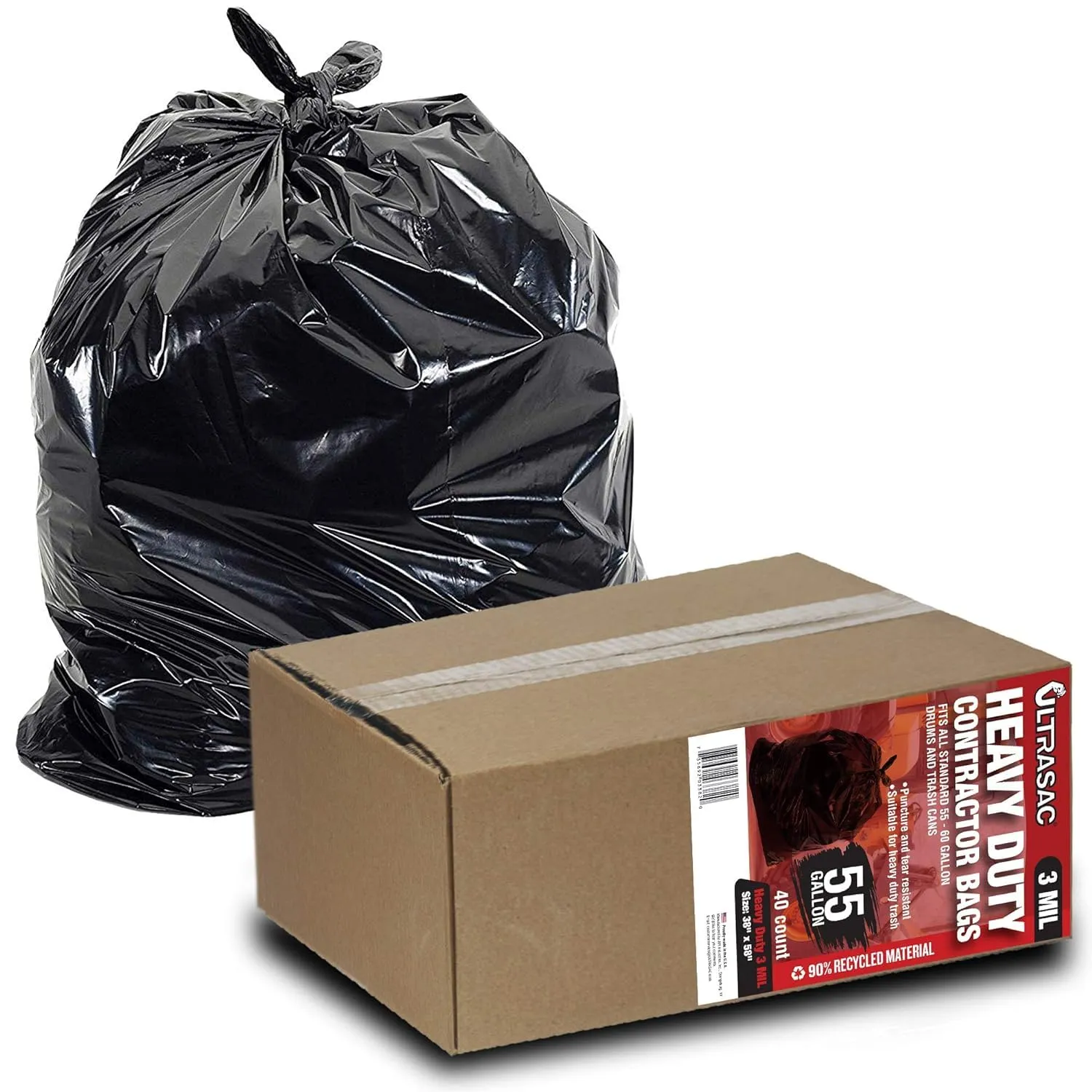 Ultrasac Heavy Duty 55 Gallon Contractor Bags - (40 Count, 3 MIL) - 38" x 58" - Large Black Plastic Trash Can Liners - 55-60 Gal Garbage Bag Drum Liners for Outdoor & Contractors