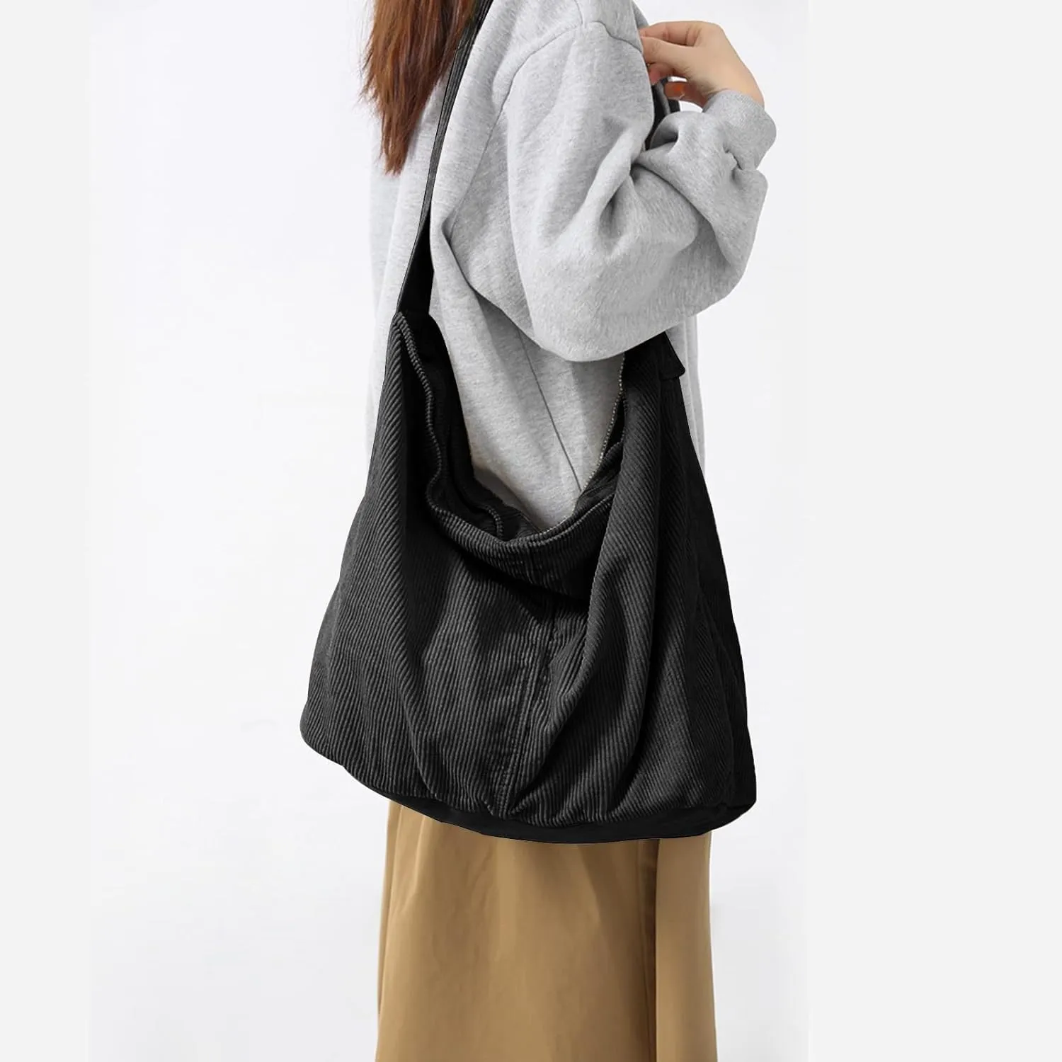 Unisex Corduroy Shoulder Bag - Large Ladies Shopper for Everyday/Office/School/Travelling