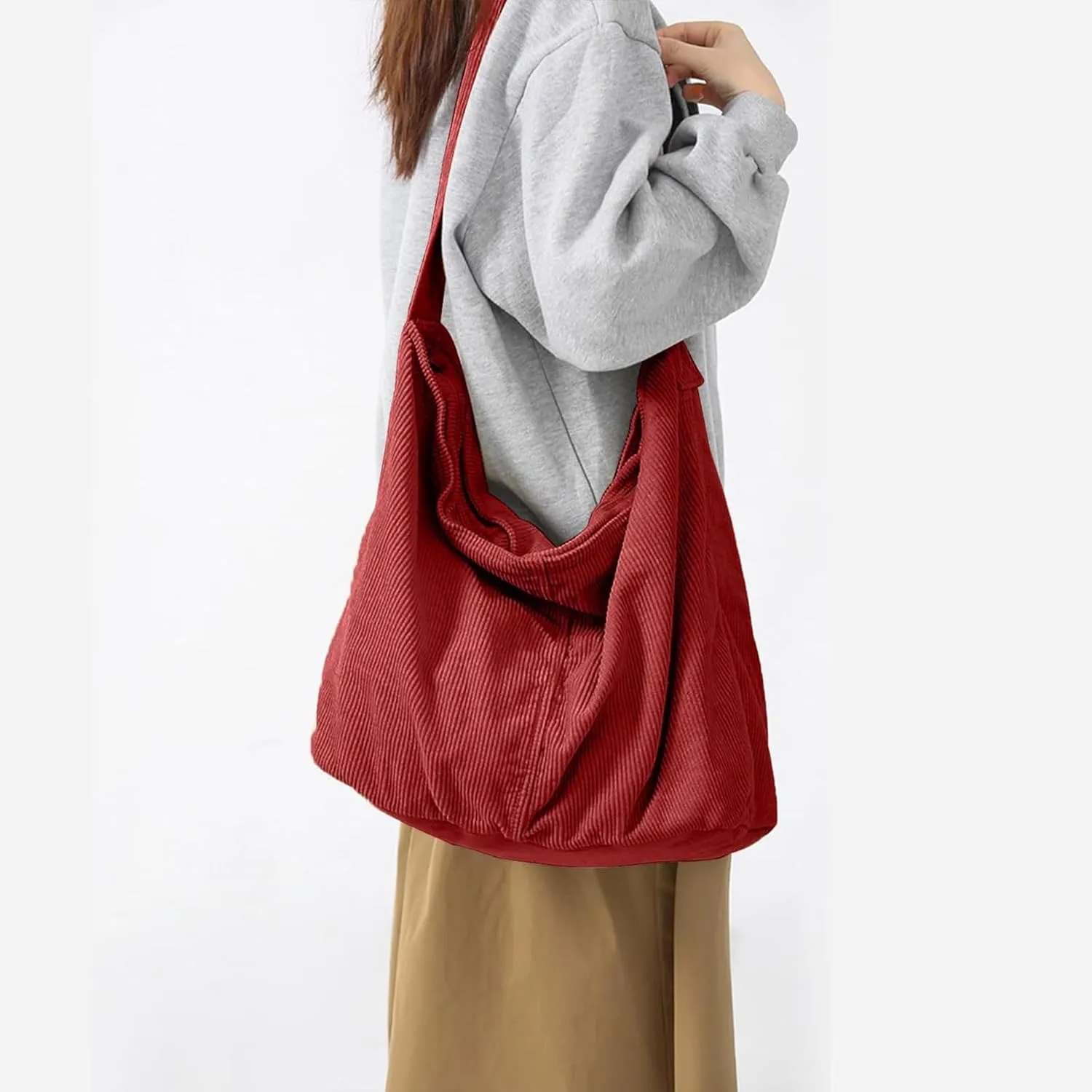 Unisex Corduroy Shoulder Bag - Large Ladies Shopper for Everyday/Office/School/Travelling