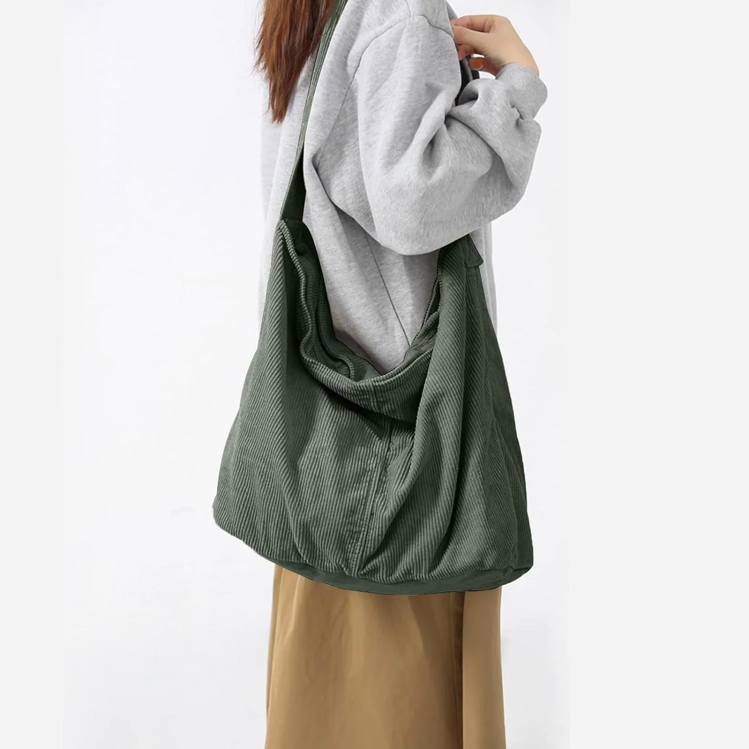 Unisex Corduroy Shoulder Bag - Large Ladies Shopper for Everyday/Office/School/Travelling