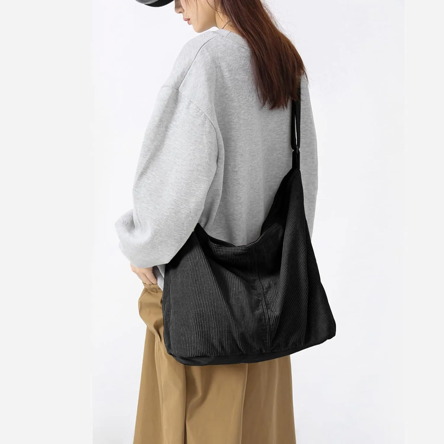 Unisex Corduroy Shoulder Bag - Large Ladies Shopper for Everyday/Office/School/Travelling