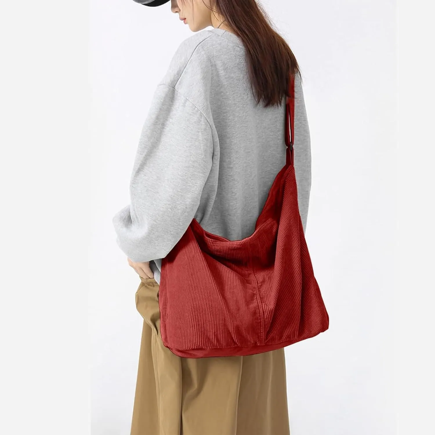 Unisex Corduroy Shoulder Bag - Large Ladies Shopper for Everyday/Office/School/Travelling