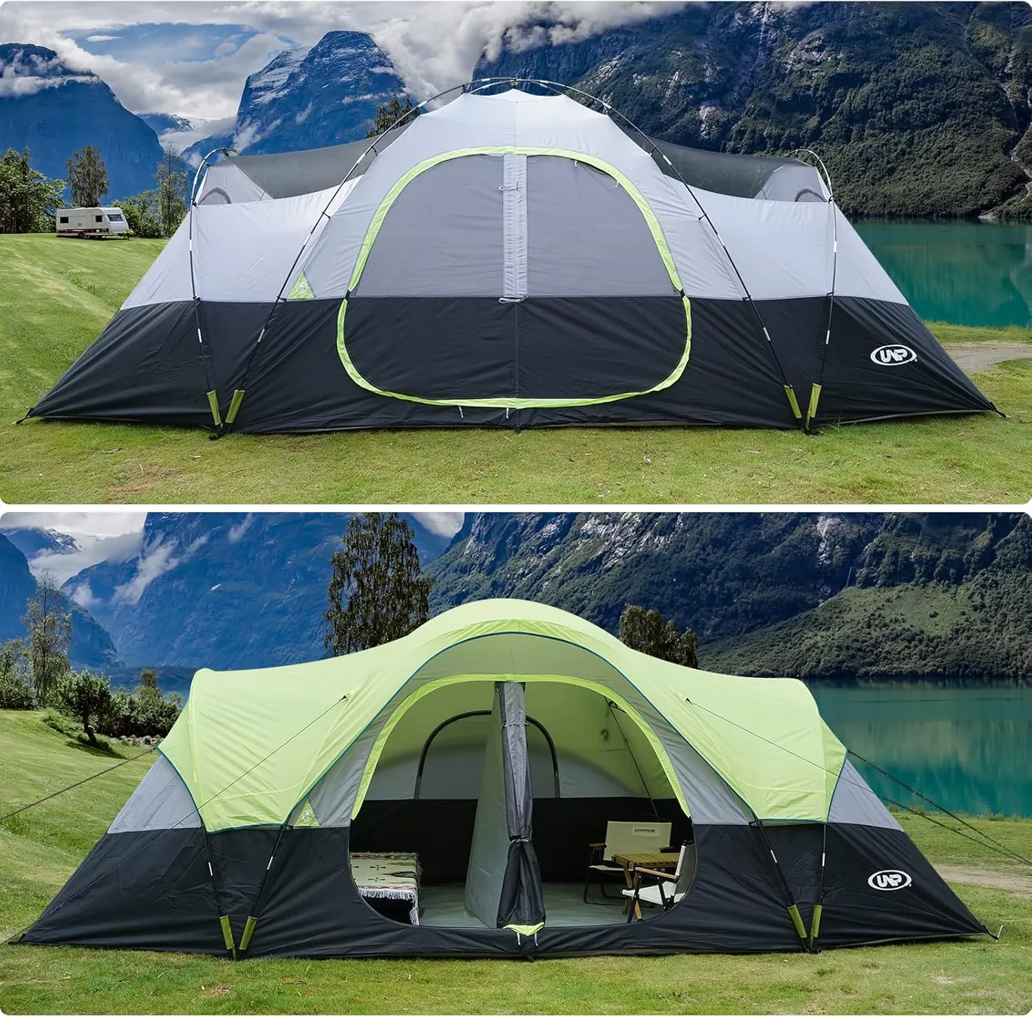 UNP Camping Tent 10-Person-Family Tents, Parties, Music Festival Tent, Big, Easy Up, 5 Large Mesh Windows, Double Layer, 2 Room, Waterproof, Weather Resistant, 18ft x 9ft x78in