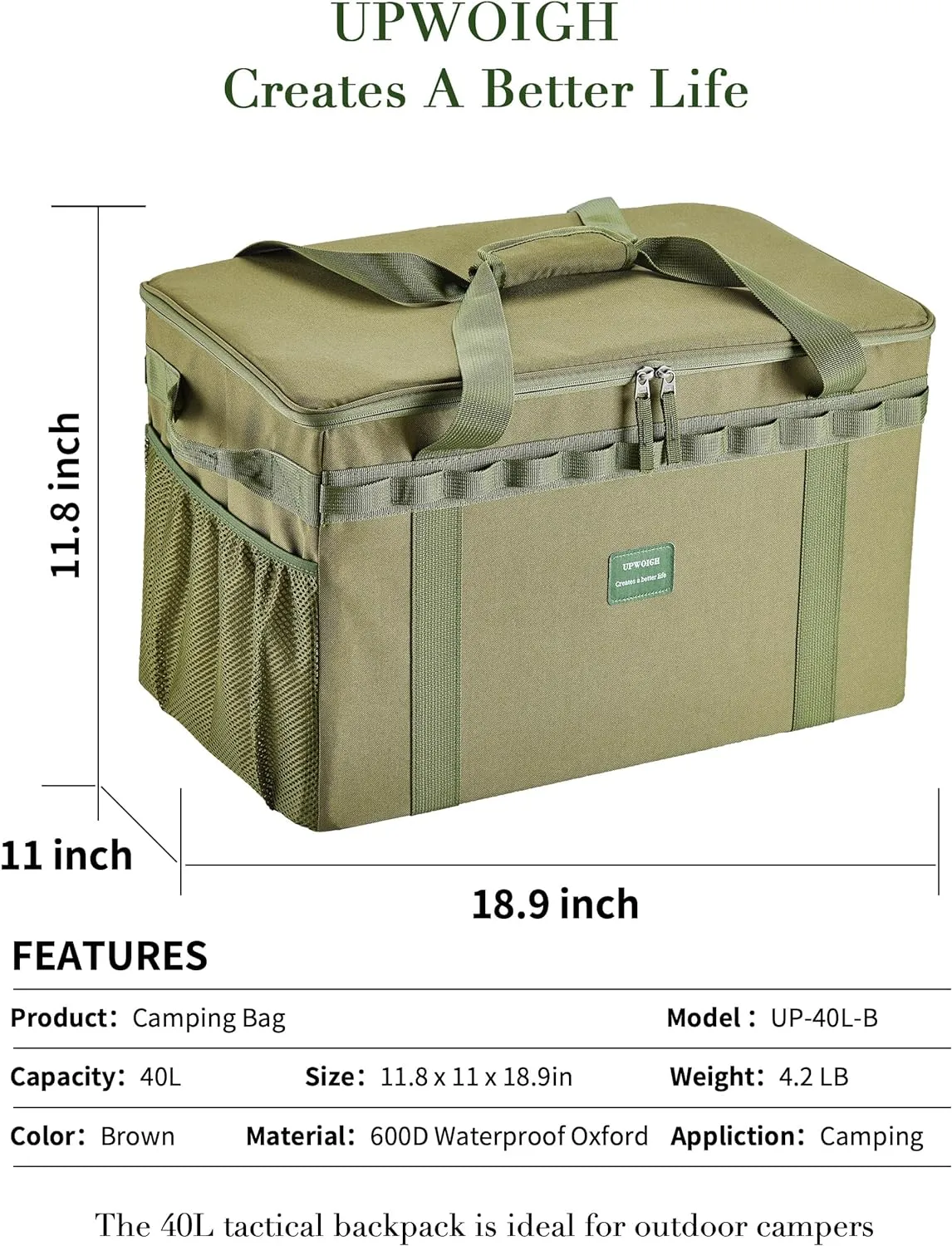 UPWOIGH Tactical Camping Storage Bag 40L – Heavy Duty Duffel with Waterproof Bottom, Collapsible Organizer with 2 Adjustable Dividers, 600D Oxford Fabric, Green Overlanding Gear