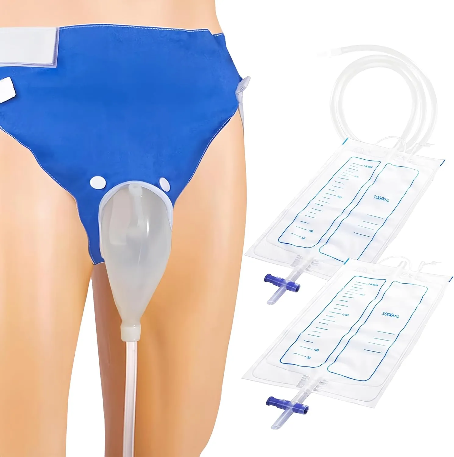 Urine Collection Bag Reusable Wearable Silicone Urine Drainage Device with 2 Bag Systems (Elderly Men, Blue)