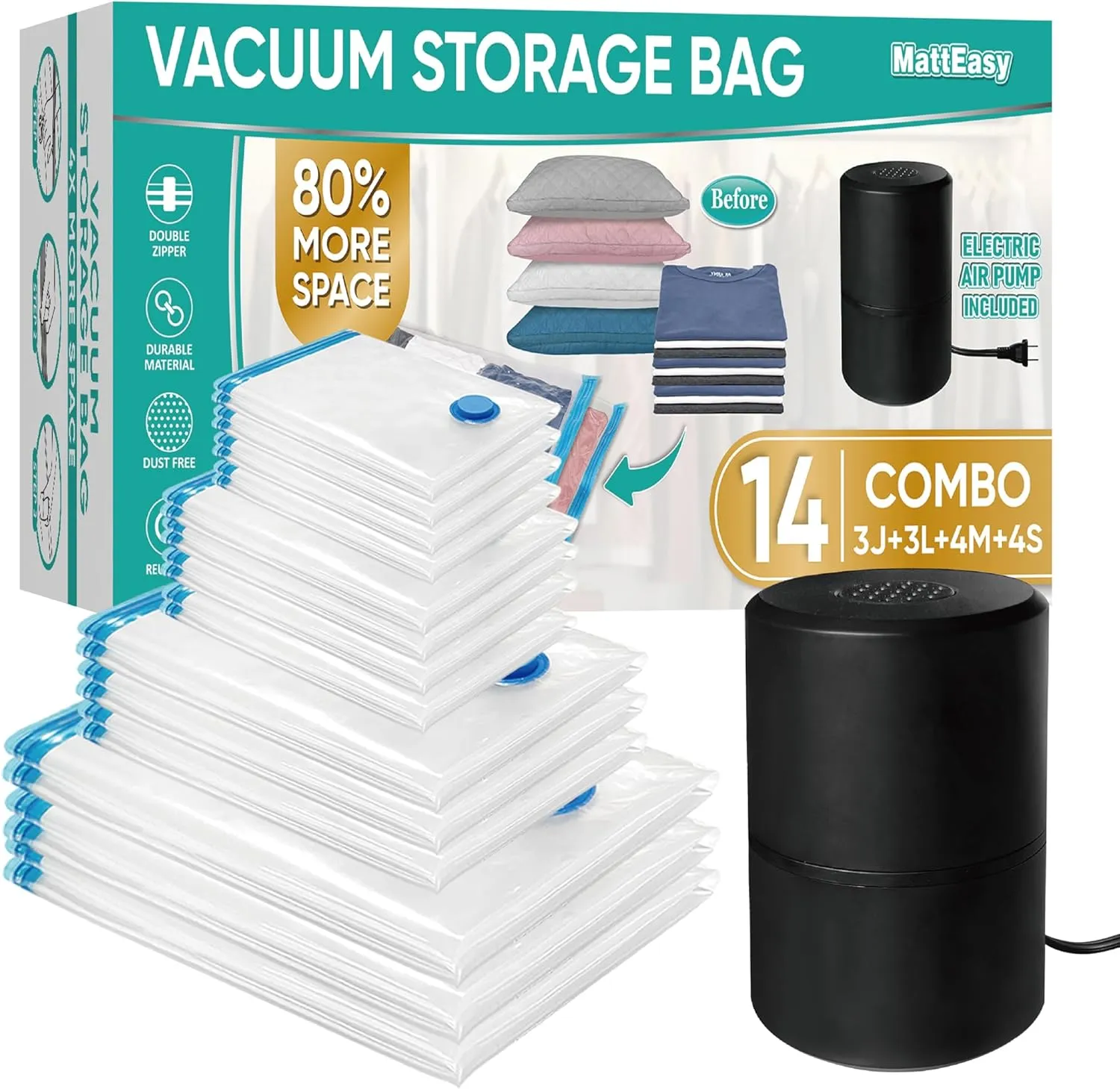 Vacuum Storage Bags with Electric Pump, 14 Pack (3 Jumbo/3 Large/4 Medium/4 Small), Space Saver Bags with Pump, Storage Vacuum Sealed Bags for Clothes, Comforters, Blankets, Bedding