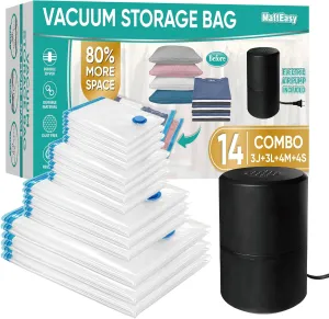 Vacuum Storage Bags with Electric Pump, 14 Pack (3 Jumbo/3 Large/4 Medium/4 Small), Space Saver Bags with Pump, Storage Vacuum Sealed Bags for Clothes, Comforters, Blankets, Bedding