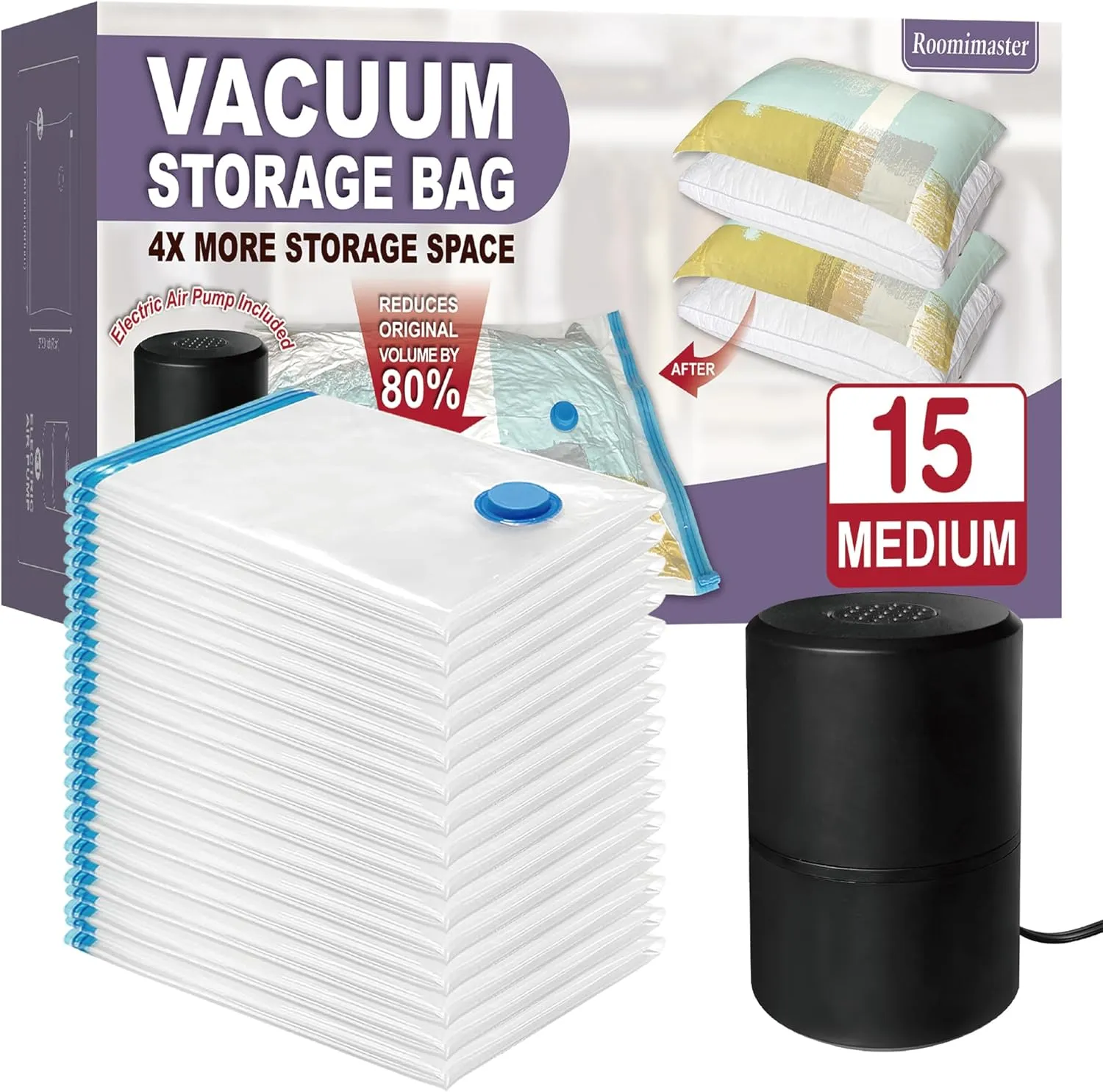 Vacuum Storage Bags with Electric Pump, 15 Medium Vacuum Seal Space Saver Bags with Pump for Clothes, Comforters, Blankets, Bedding