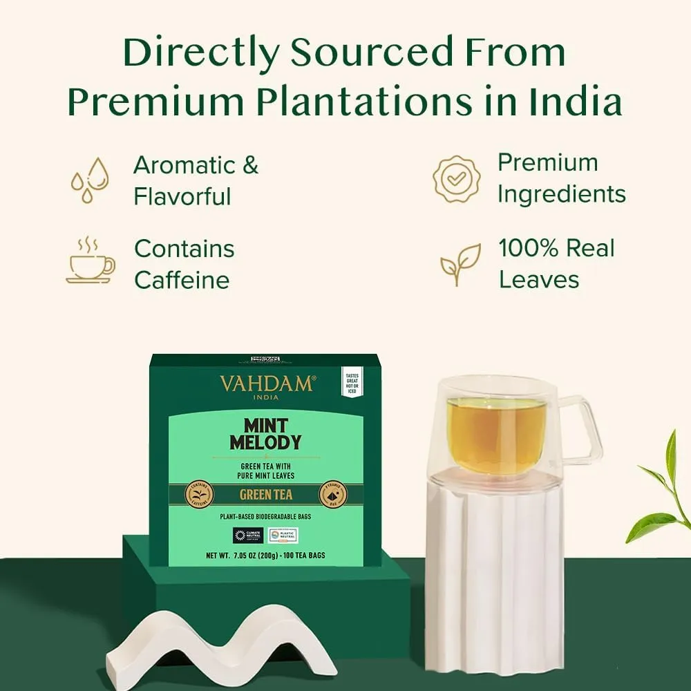 VAHDAM, Mint Green Tea Bags (100 Count) 100% Pure Leaf Tea, High Grown, Low Caffeine, Non GMO, Gluten Free | Plant-Based Pyramid Tea Bags | Direct from Source