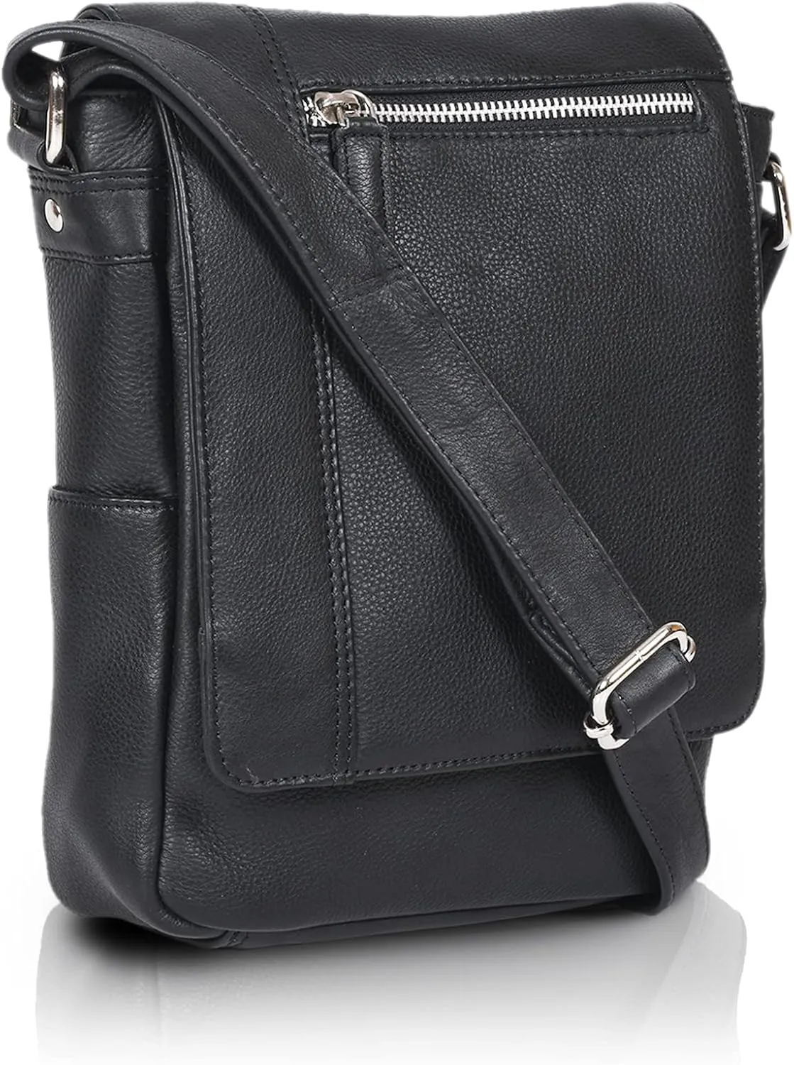 VALENCHI- Genuine Leather Medium Size Crossbody Shoulder bag for Men & Women. (Black Smooth)