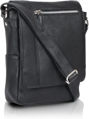 VALENCHI- Genuine Leather Medium Size Crossbody Shoulder bag for Men & Women. (Black Smooth)