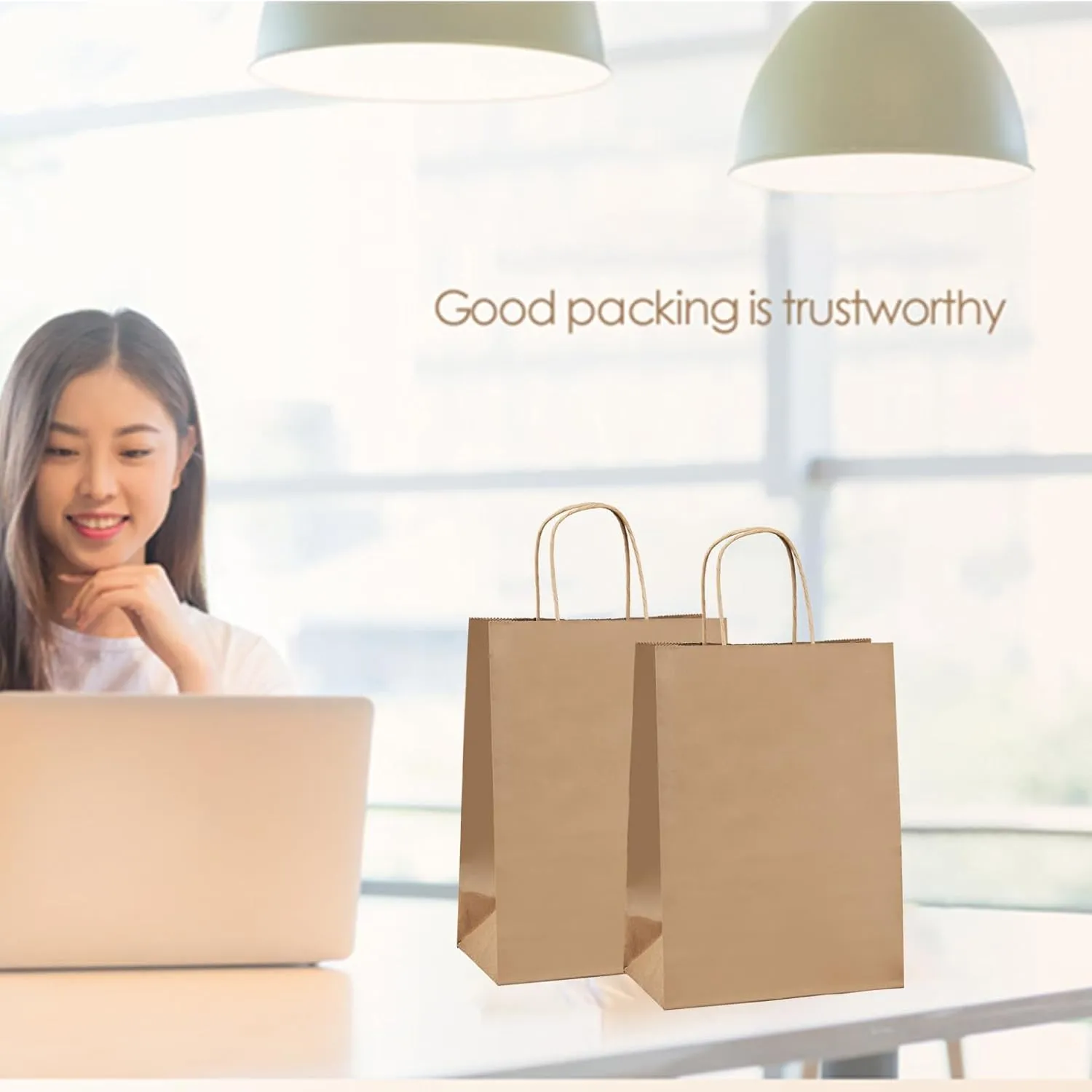 vanhel 100 Pack Brown Paper Bags with Handles,8x4.25x10.5 Inches,Gift Bags Medium Size,Gifts Bag Bulk for Festival,Birthday, Favor,Party,Shopping,Retail Merchandise
