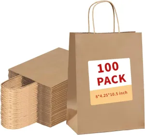 vanhel 100 Pack Brown Paper Bags with Handles,8x4.25x10.5 Inches,Gift Bags Medium Size,Gifts Bag Bulk for Festival,Birthday, Favor,Party,Shopping,Retail Merchandise
