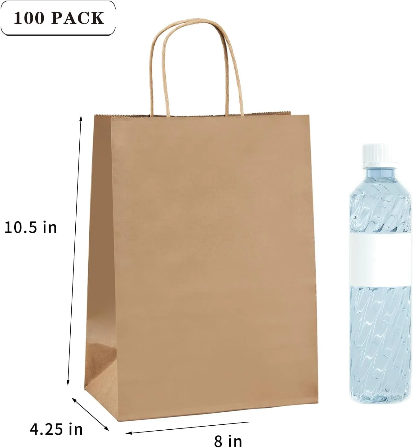 vanhel 100 Pack Brown Paper Bags with Handles,8x4.25x10.5 Inches,Gift Bags Medium Size,Gifts Bag Bulk for Festival,Birthday, Favor,Party,Shopping,Retail Merchandise