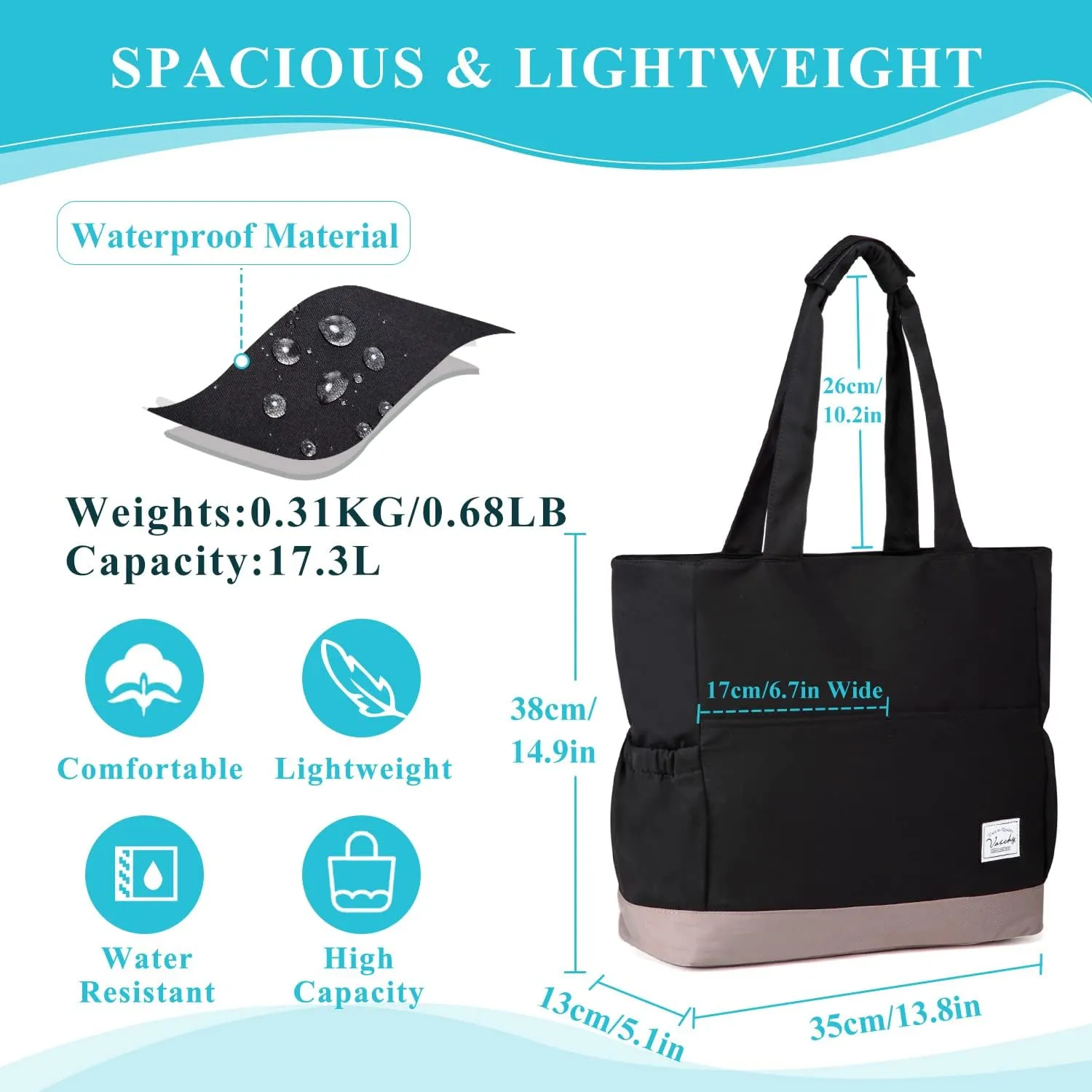 VASCHY Beach Bag for Women, Large Waterproof Sandproof Fold-able Packable Pool Tote Bag w Zipper/Pockets
