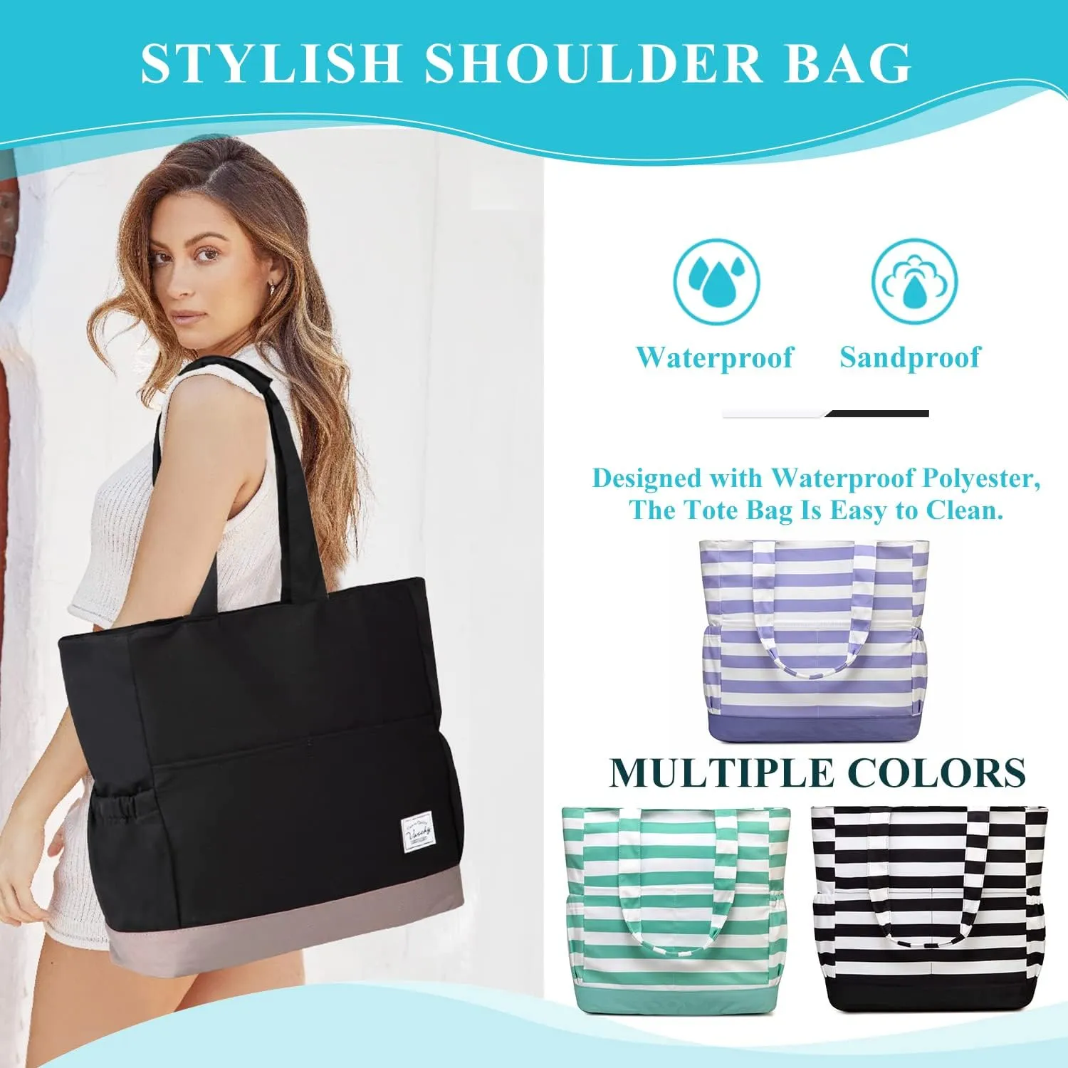 VASCHY Beach Bag for Women, Large Waterproof Sandproof Fold-able Packable Pool Tote Bag w Zipper/Pockets