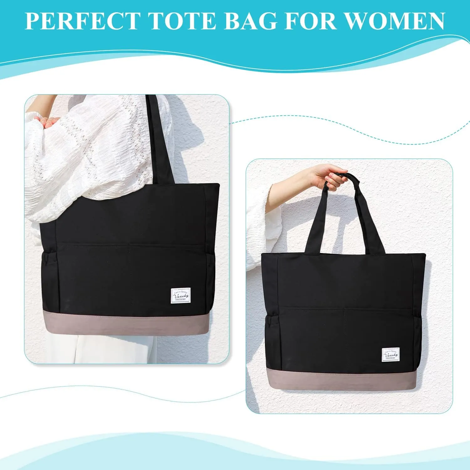 VASCHY Beach Bag for Women, Large Waterproof Sandproof Fold-able Packable Pool Tote Bag w Zipper/Pockets