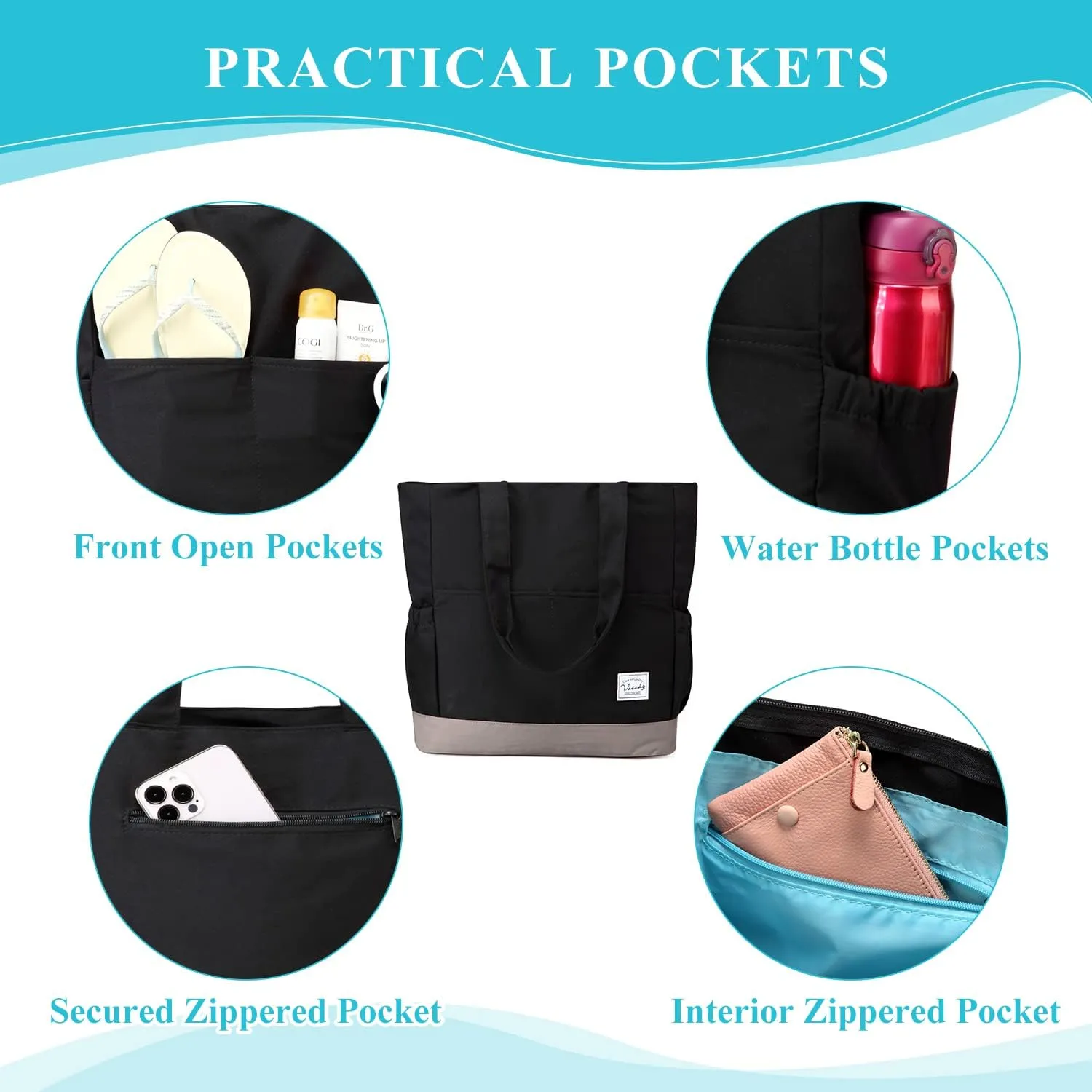 VASCHY Beach Bag for Women, Large Waterproof Sandproof Fold-able Packable Pool Tote Bag w Zipper/Pockets