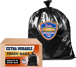 Veska 55-60 Gallon Heavy Duty 3 Mil Contractor Trash Bags (MegaValue 50 Bags w/Ties) 55 Gallon Trash Bags Heavy Duty, Large Black Contractor Garbage Bags, Construction, Industrial Yard Leaf Lawn Bag