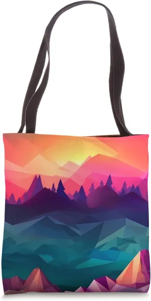 Vibrant Mountain Scene with Neon Sunset Low Poly Tote Bag