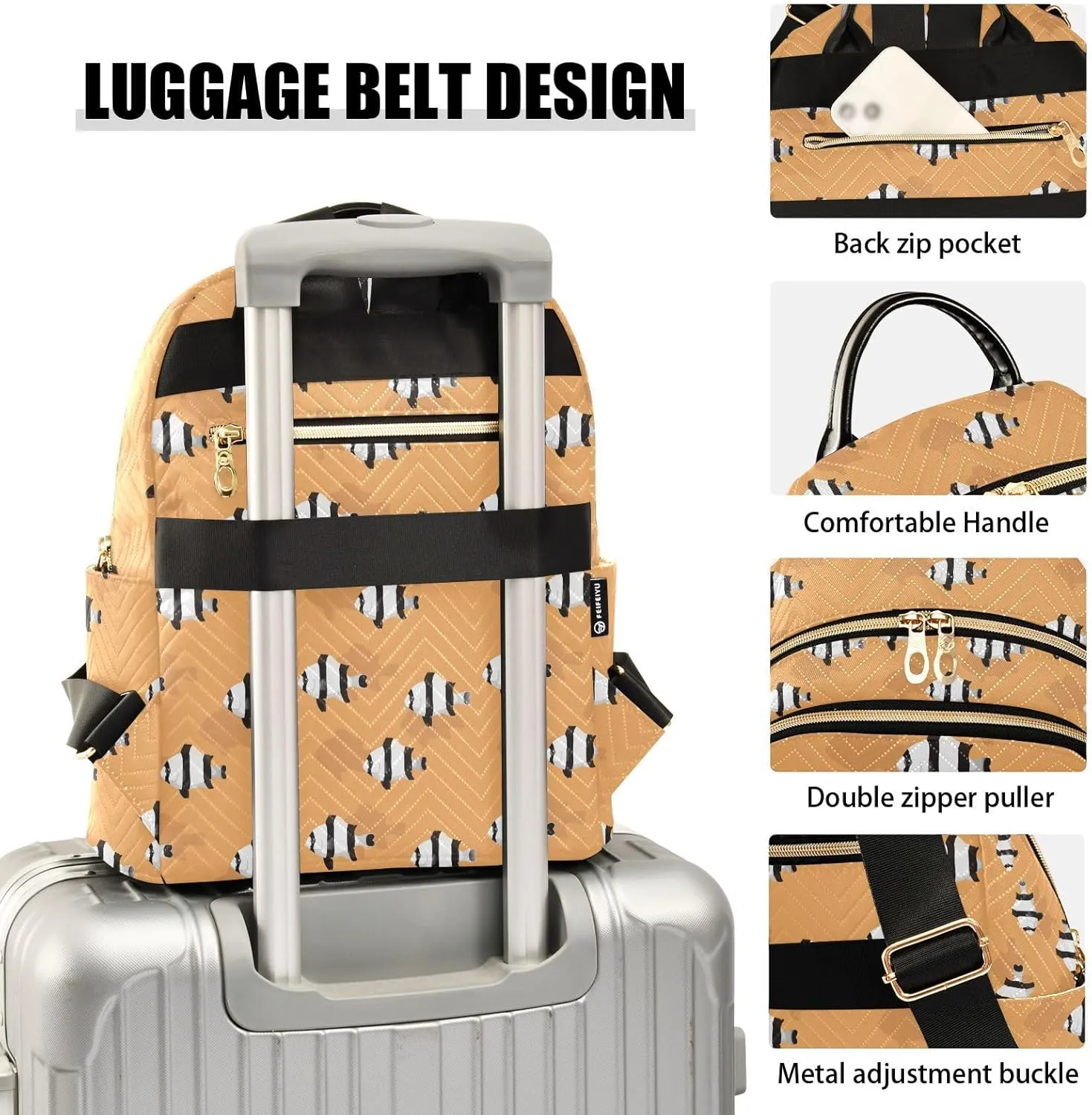 VIGTRO Women Fashion Backpack Quilted Mini Purse Reef Fish Four Striped, Lightweight Travel Casual Shoulder Backpack with Adjustable Straps Size M