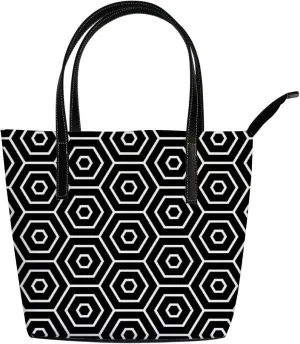 Vintage Black and White Hexagons Geometric Pattern Tote Bag for Women Leather Handbags Women's Crossbody Handbags Work Tote Bags for Women Coach Handbags Tote Bag with Zipper.