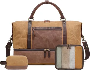 Vintage Duffle Bag for Travel: Weekender Overnight Leather Bag Waterproof Waxed Canvas Duffel Bag with Shoe Compartment & 2 Packing Cubes, Heavy Duty Camping Flight Bags for Mens (Khaki)