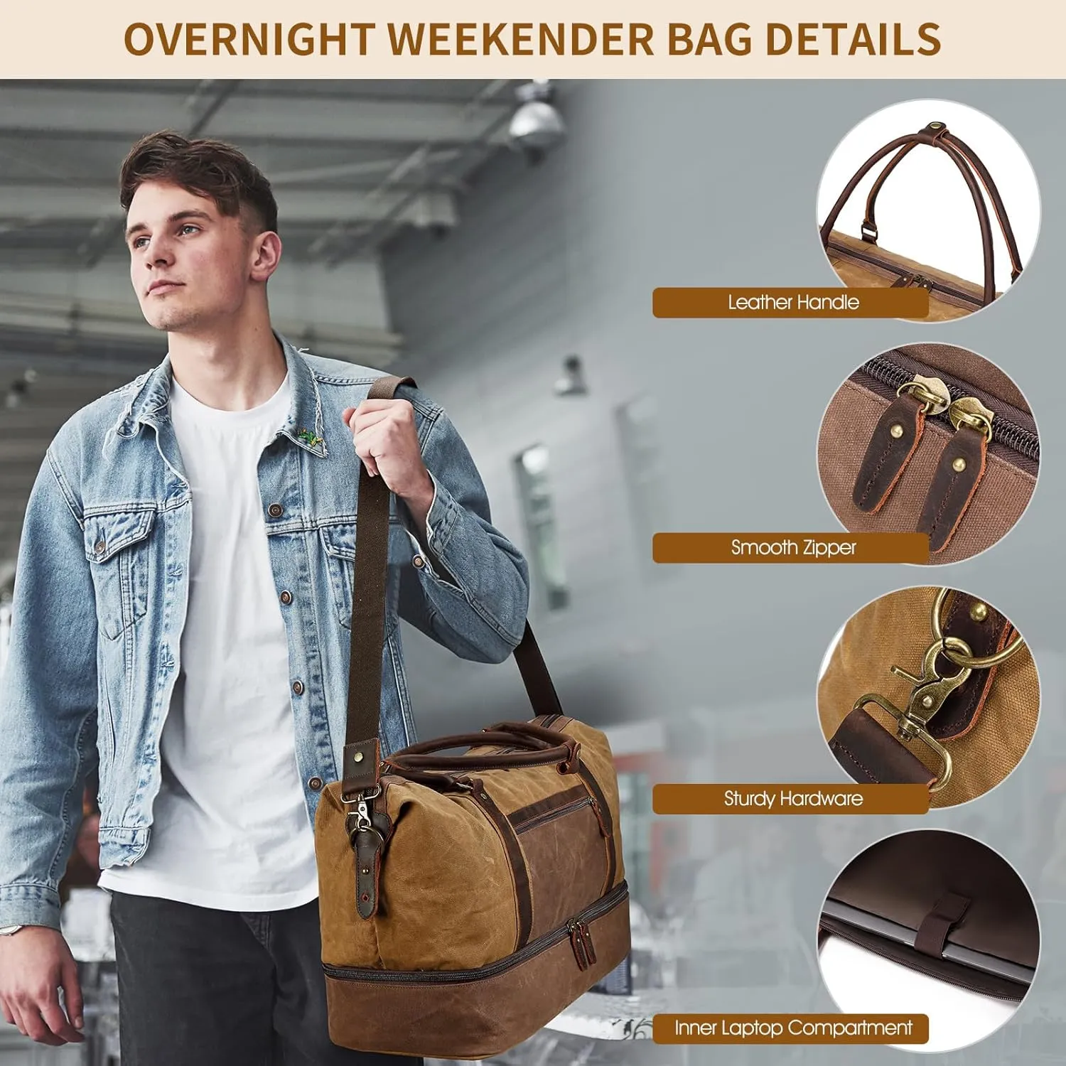 Vintage Duffle Bag for Travel: Weekender Overnight Leather Bag Waterproof Waxed Canvas Duffel Bag with Shoe Compartment & 2 Packing Cubes, Heavy Duty Camping Flight Bags for Mens (Khaki)