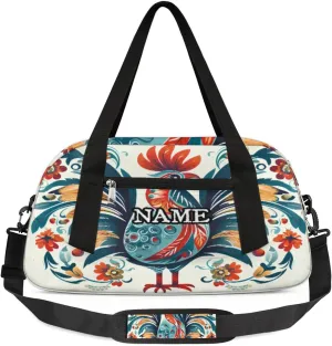 Vintage Floral Rooster Personalized Kids Duffel Bag Custom Gym Sports Duffle Bag Teen Travel Gymnastic Weekender Overnighter Bag Carry on Toe Bag for Boys & Girls