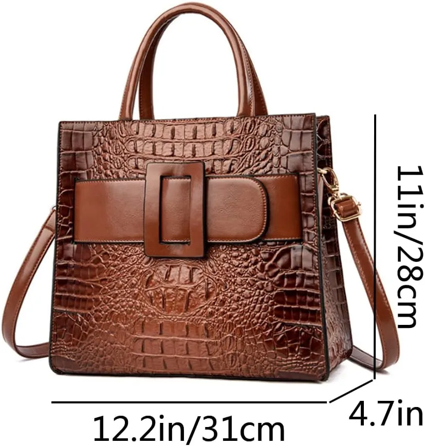 Vintage Top-handle Handbags Purse Satchel for Women PU Crocodile Pattern Tote Commuter Bag Crossbody Shoulder Bag