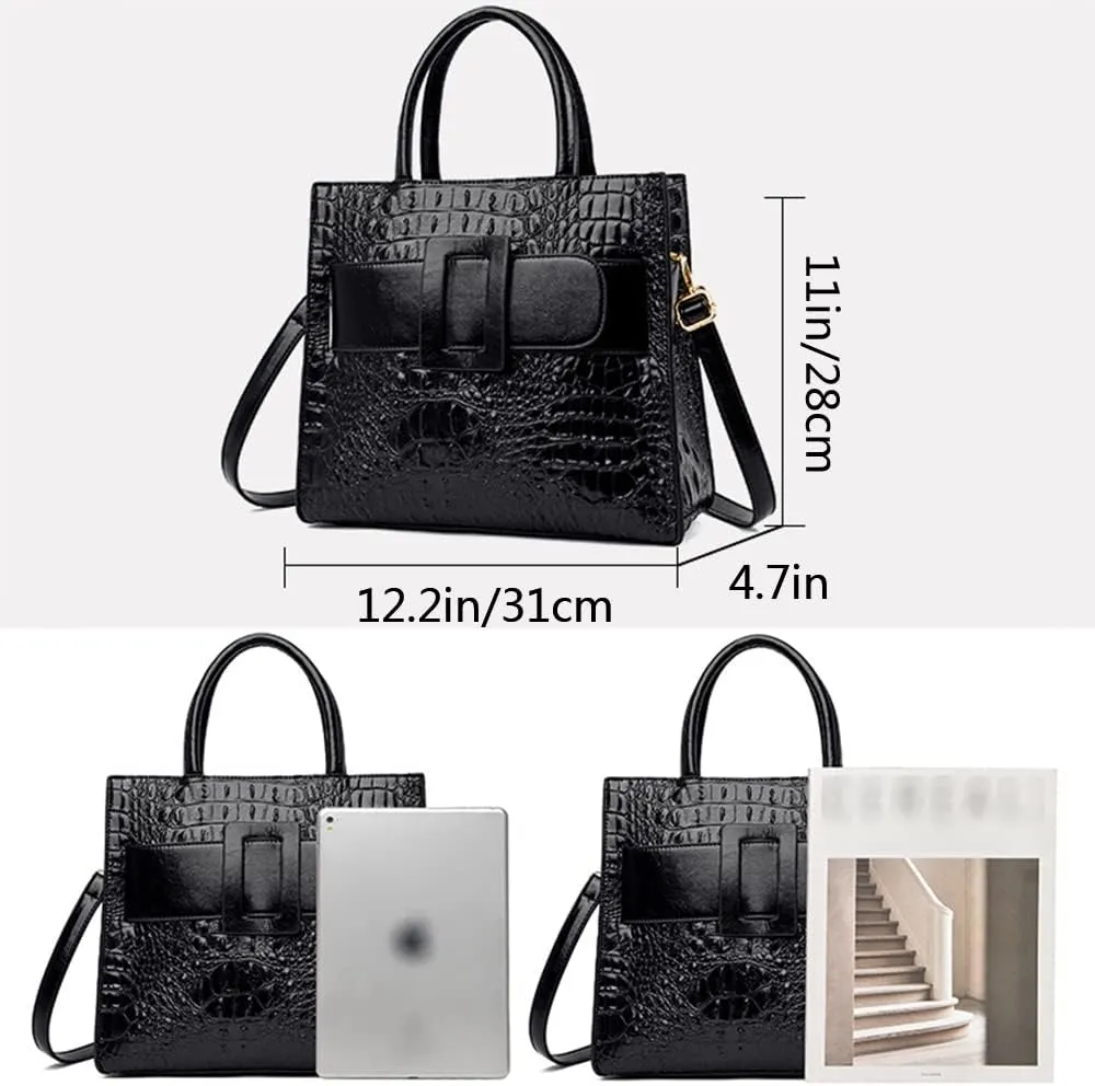 Vintage Top-handle Handbags Purse Satchel for Women PU Crocodile Pattern Tote Commuter Bag Crossbody Shoulder Bag