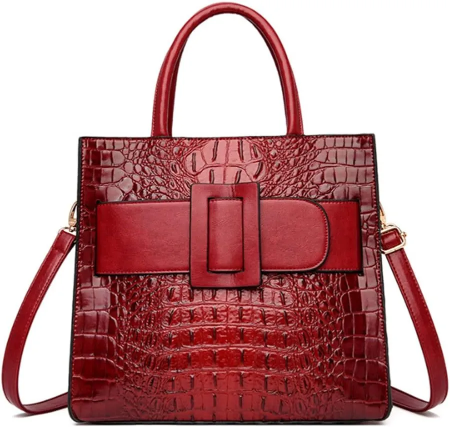 Vintage Top-handle Handbags Purse Satchel for Women PU Crocodile Pattern Tote Commuter Bag Crossbody Shoulder Bag