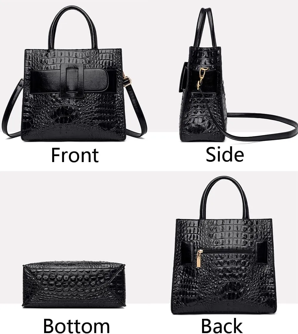 Vintage Top-handle Handbags Purse Satchel for Women PU Crocodile Pattern Tote Commuter Bag Crossbody Shoulder Bag