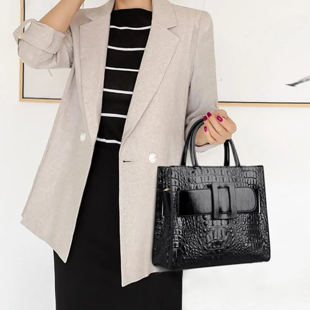 Vintage Top-handle Handbags Purse Satchel for Women PU Crocodile Pattern Tote Commuter Bag Crossbody Shoulder Bag