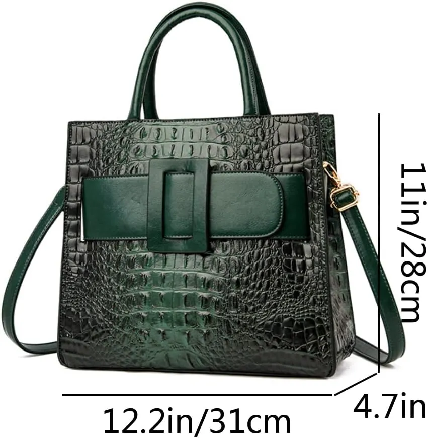 Vintage Top-handle Handbags Purse Satchel for Women PU Crocodile Pattern Tote Commuter Bag Crossbody Shoulder Bag